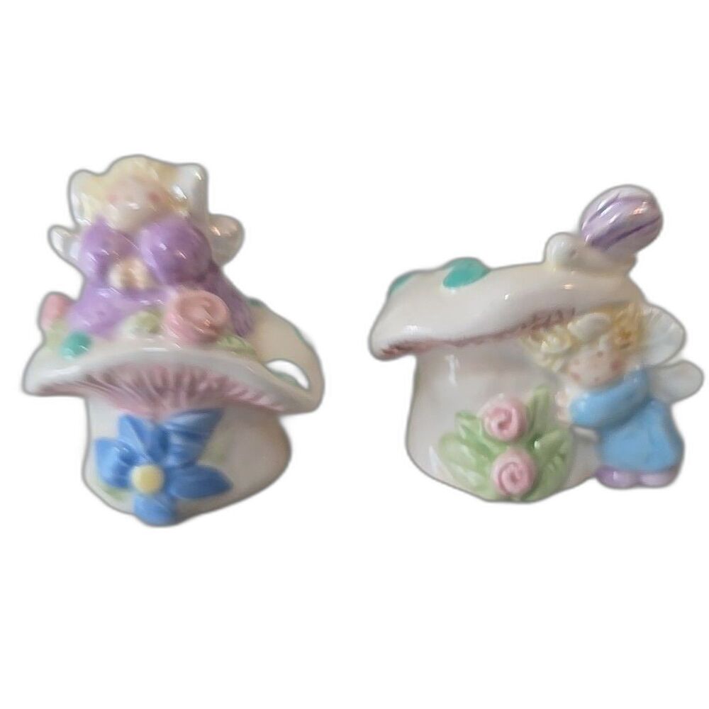 Vintage Ceramic Fairy-Pixie Elf On Spotted Mushroom Salt & Pepper Shakers